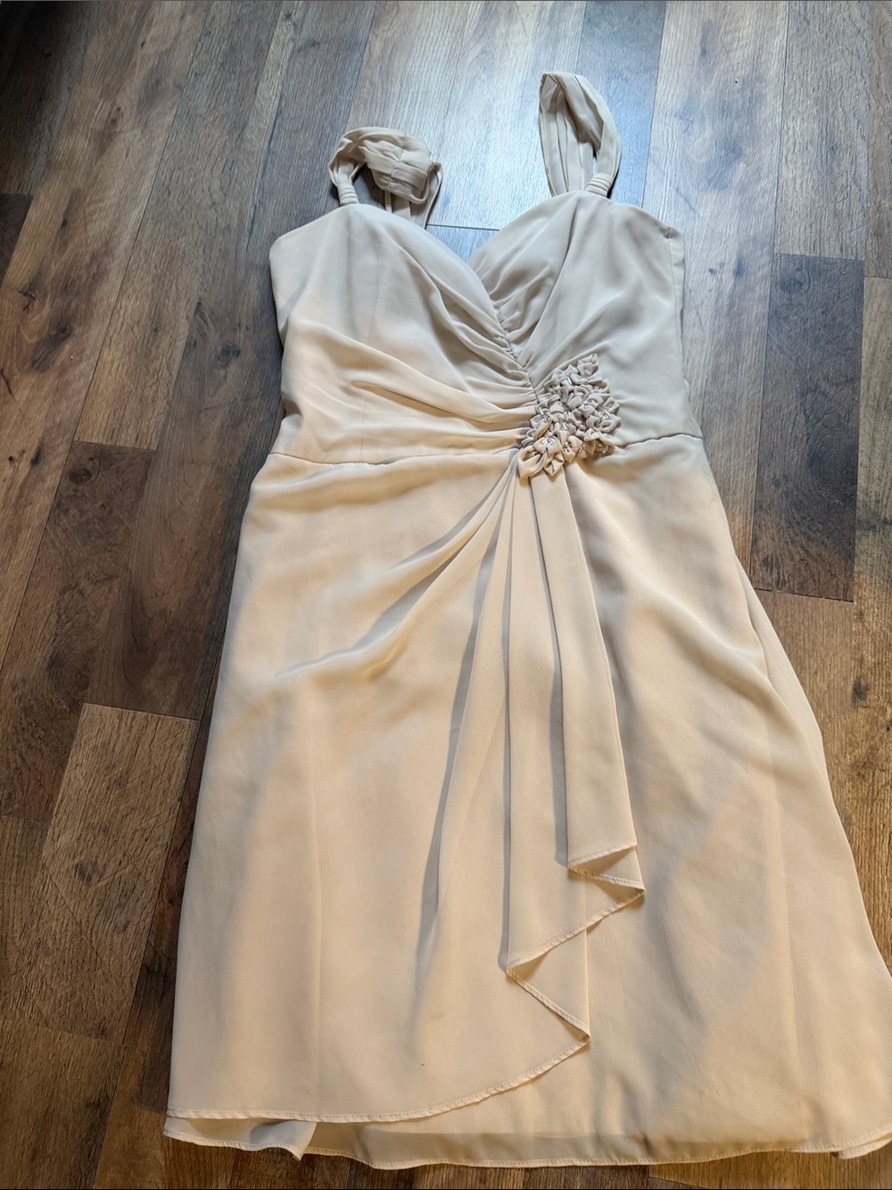 David's Bridal One-Shoulder Cream Chiffon Dress with Floral Detail